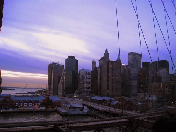 The Lower Manhattan skyline seen from Brooklyn Bridge