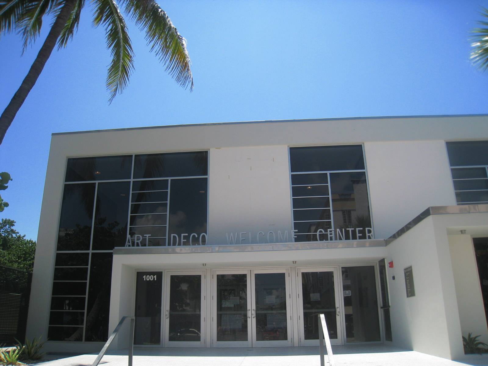 Art Deco Welcome Center in Miami Beach, white facade under bright sun