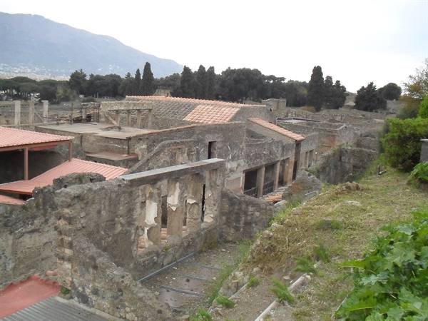 Ancient stone house ruins in Pompeii, with terracotta roofs and cypresses behind