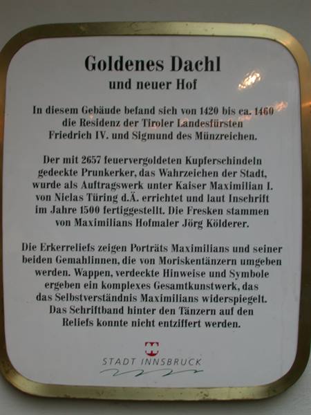 Golden plaque describing the Goldenes Dachl in Innsbruck