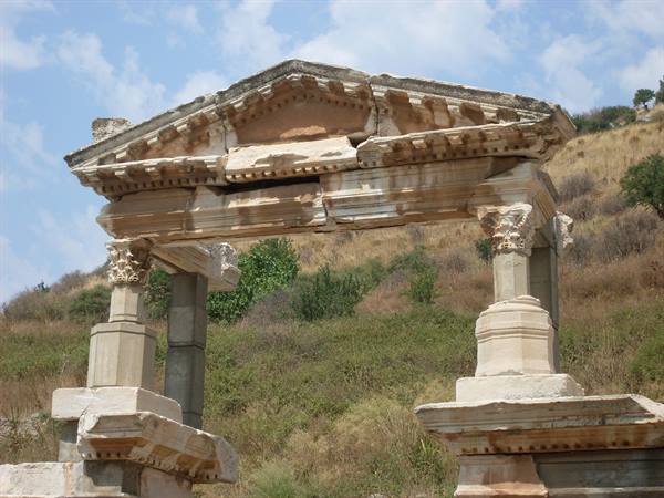 Carved marble gateway with Corinthian capitals, ruins of Ephesus
