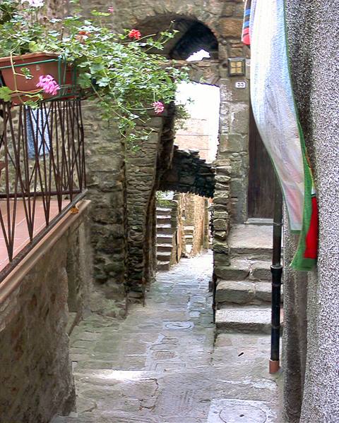 Medieval stone alley with arches, stairs and pink geraniums hanging