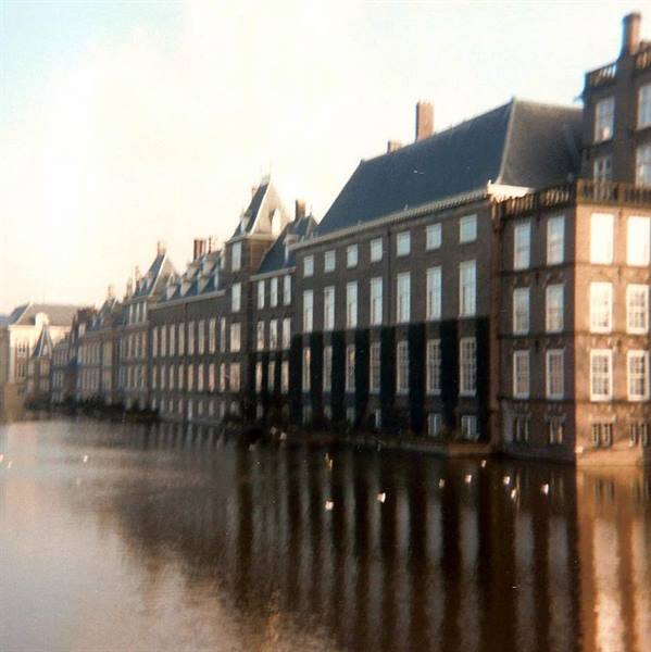 Brick facade of Binnenhof reflected in the Hofvijver pond, golden light