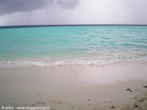 Foamy wave on white sand, turquoise sea under cloudy sky