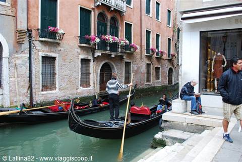 Gondolier rowing a Venice canal beside brick facades and geraniums