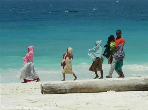 Family with veiled women walks on white sand beach beside a fallen log