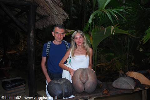 Couple holding giant coco de mer nuts under thatched roof, Seychelles