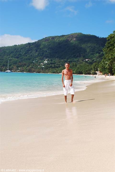 Man in white shorts walks barefoot on the wet sandy beach