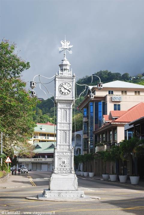 White clock tower in Victoria, Seychelles, standing in the middle of the crossroads