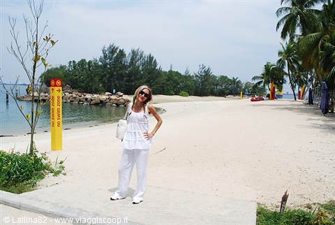 Woman in white posing on the sand, palms and sea behind