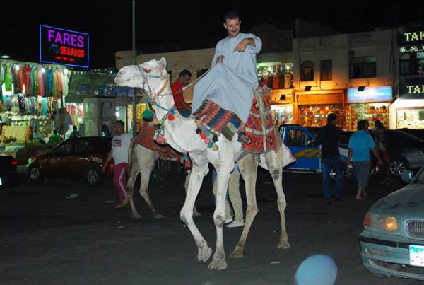 Man in galabeya riding a camel through a lit night bazaar