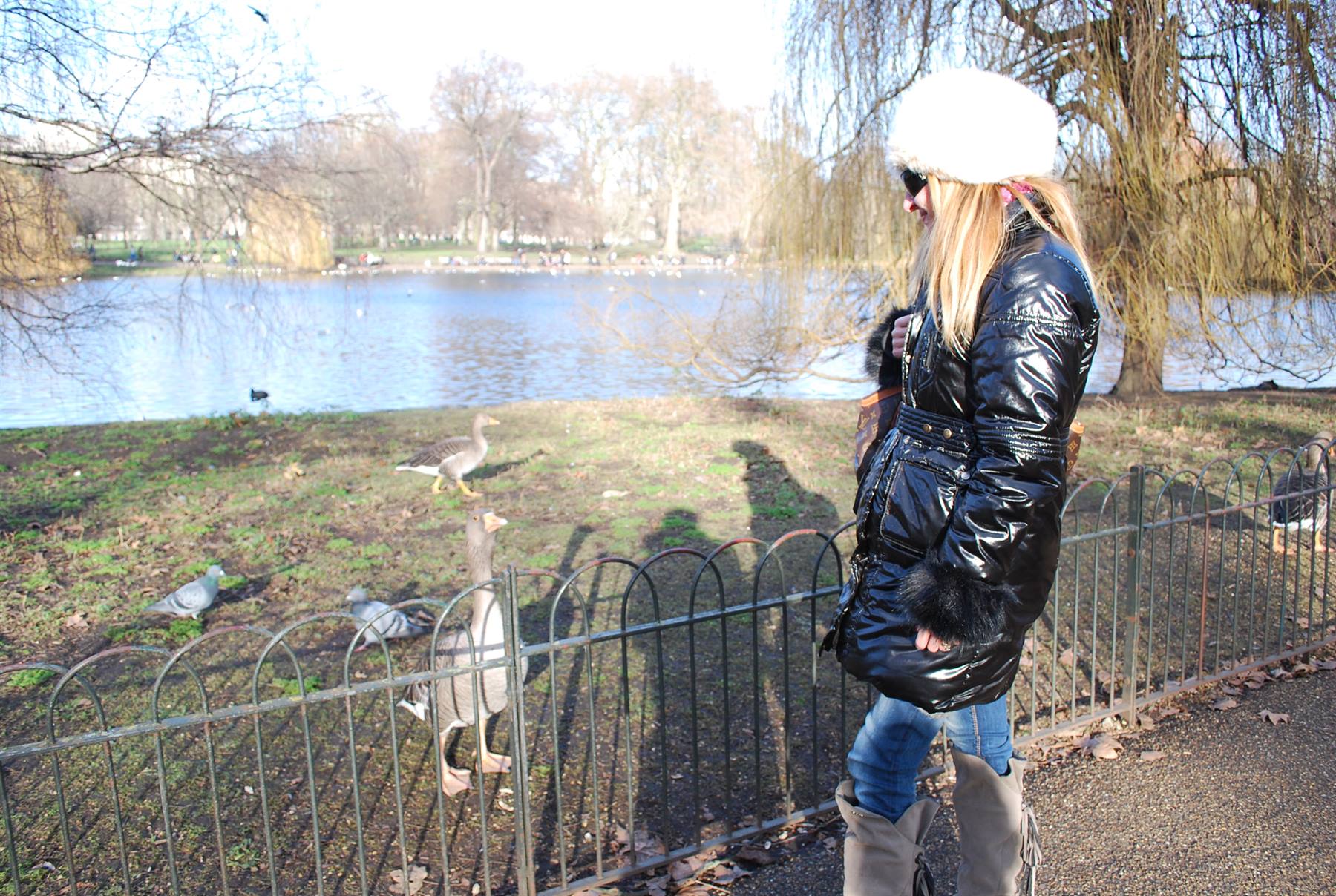 Donna con cappello bianco e piumino nero guarda un'oca oltre la staccionata nel parco