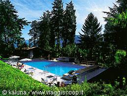 Outdoor pool surrounded by fir trees and white sun loungers with umbrellas