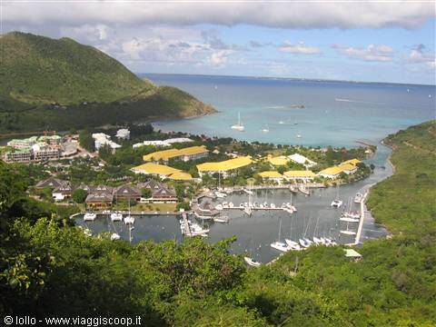 Marina with yachts among green hills and yellow-roofed hotels