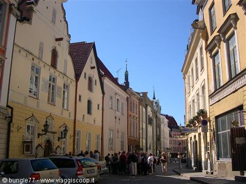 Tourists on a street lined with colorful houses in Tallinn, blue sky