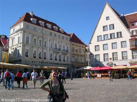 Smiling tourist on Tallinn's cobbled town hall square, colorful gabled buildings and market stalls