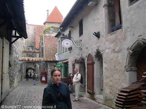 Girl in a cobbled alley in Tallinn, medieval stone houses and red-roofed tower
