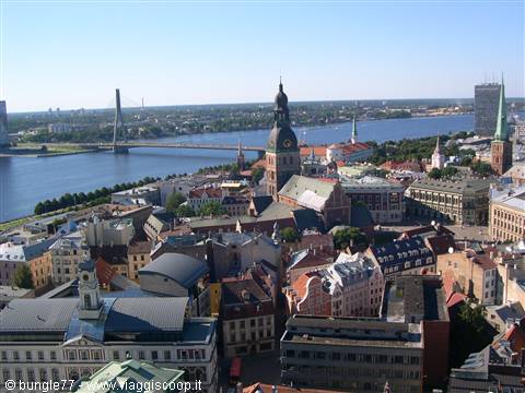 Riga Cathedral with the Daugava river and cable-stayed bridge behind