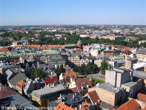 Colorful rooftops of Riga seen from above under a blue sky