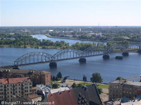 Steel railway bridge crossing the Daugava river in Riga