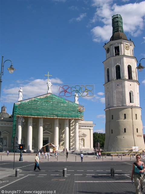 Vilnius Cathedral with neoclassical facade and freestanding bell tower under restoration
