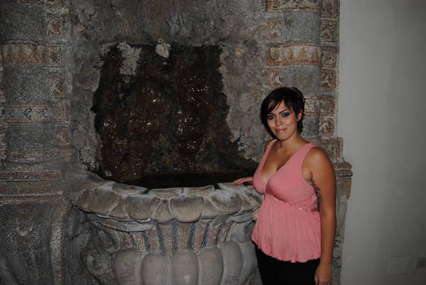 Woman in pink beside ornate carved stone fountain, warm indoor lighting