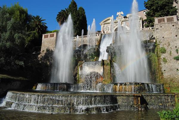 Baroque fountains at Villa d'Este, Tivoli, water jets in sunlight