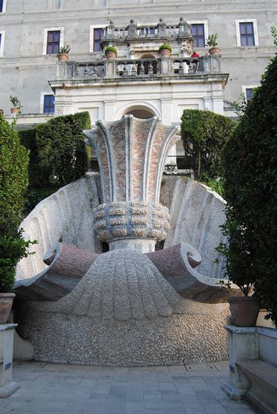 Shell-shaped stone and mosaic fountain in the Borromeo Palace garden, Isola Bella