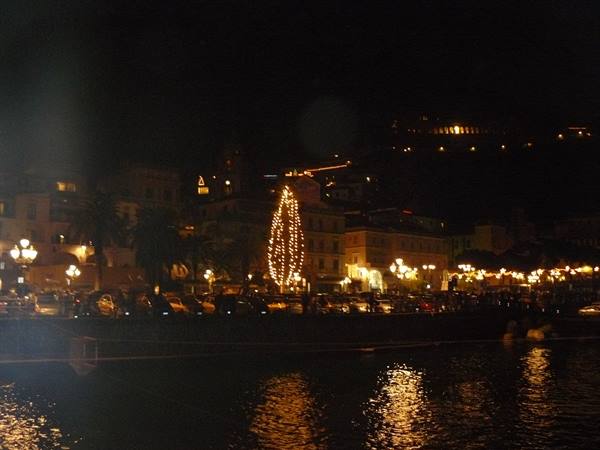 Christmas lights and lit tree reflected on the water before seafront buildings
