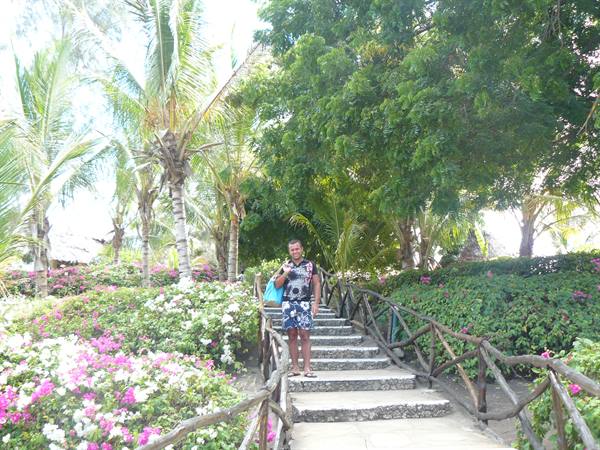 Man in shorts descends stone steps among bougainvillea and palm trees