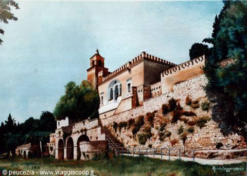 Watercolor of a crenellated building with tower on rocky cliff, trees nearby