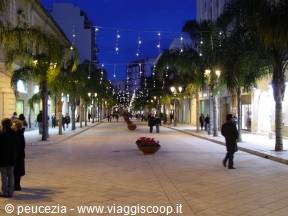 Pedestrian avenue with palm trees and Christmas lights at dusk, people strolling