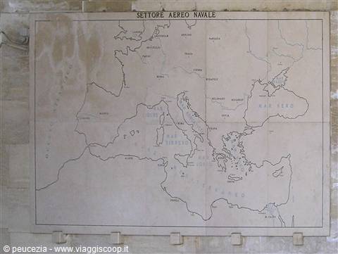 Wall map titled Settore Aereo Navale showing the Mediterranean drawn in ink