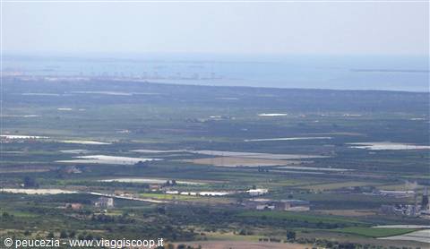 Green fields and water ponds under hazy sky toward the sea