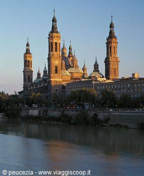 Basilica of El Pilar in Zaragoza, baroque towers above the Ebro river