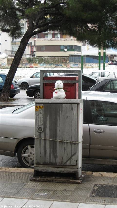 Small snowman on a street utility box, parked cars and snowy ground