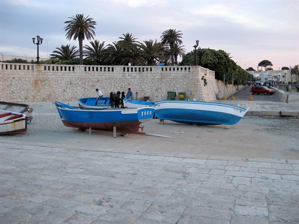 Blue and white wooden boats hauled up on stone quay, palms and low wall