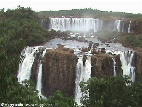 Iguazu Falls, massive cascades over basalt cliffs amid lush green forest
