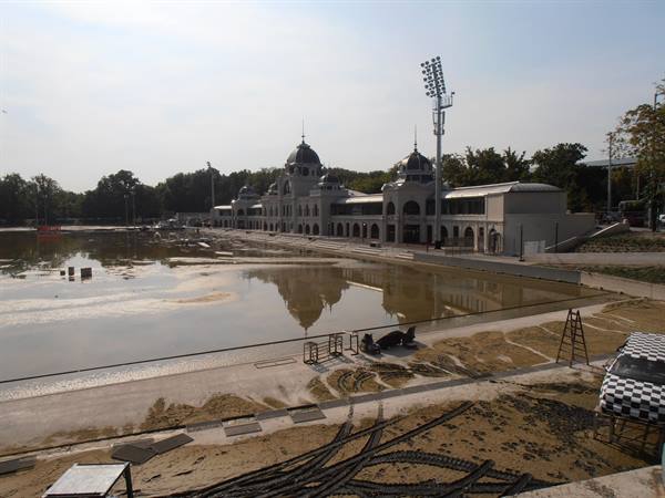 the artificial lake in the city park under restoration
