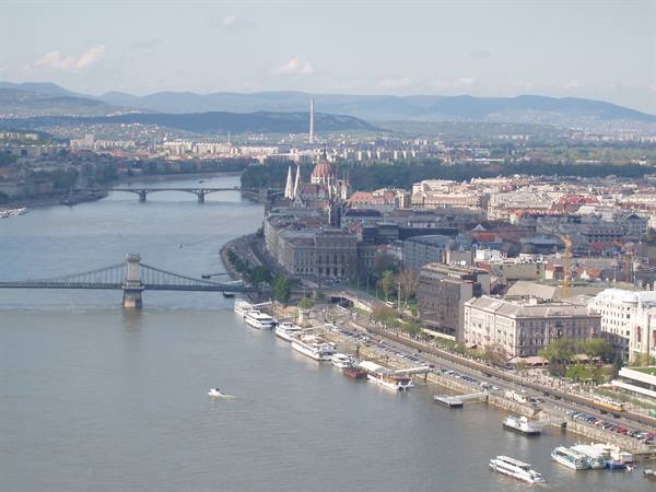 Budapest: the Danube, Chain Bridge and Parliament among moored boats