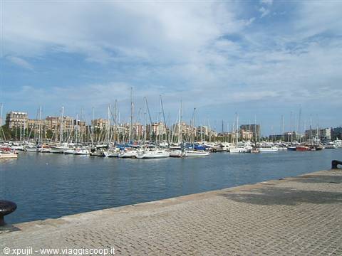 Marina with many sailboats moored, stone-paved quay in foreground