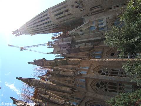 Sagrada Familia in Barcelona, stone spires against the sky, crane among scaffolding