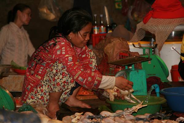 Woman in red jacket washing a chicken in a green basin at the market