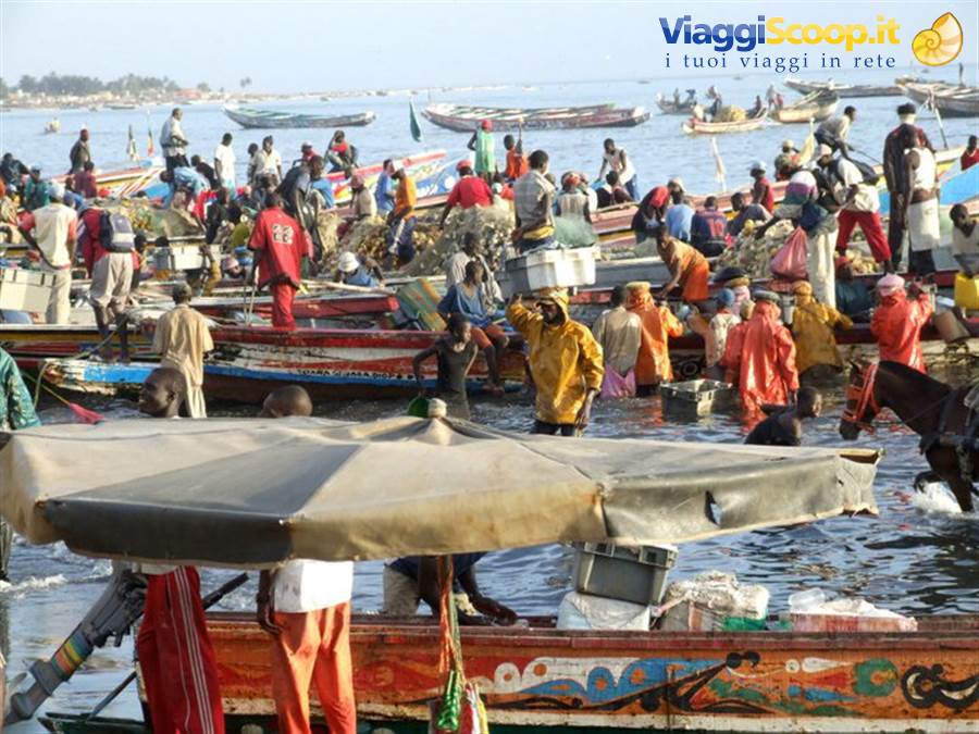 Busy fish market on the beach with colorful wooden pirogues and fishermen