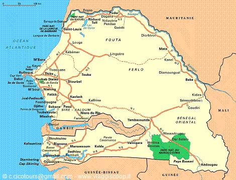 Political and road map of Senegal with cities, rivers and borders