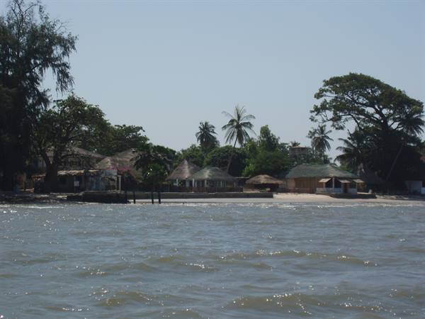 Beach with thatched-roof huts among palm trees, seen from the water