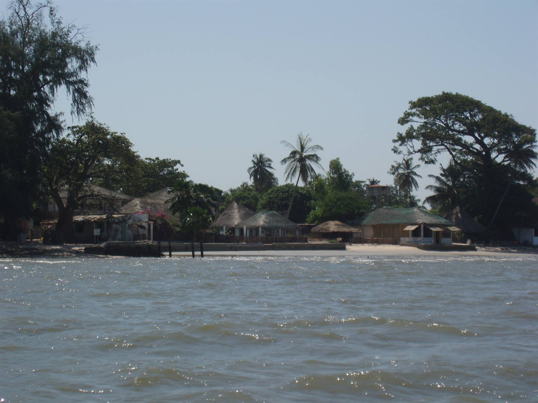 Beach with thatched-roof huts among palm trees, seen from the water