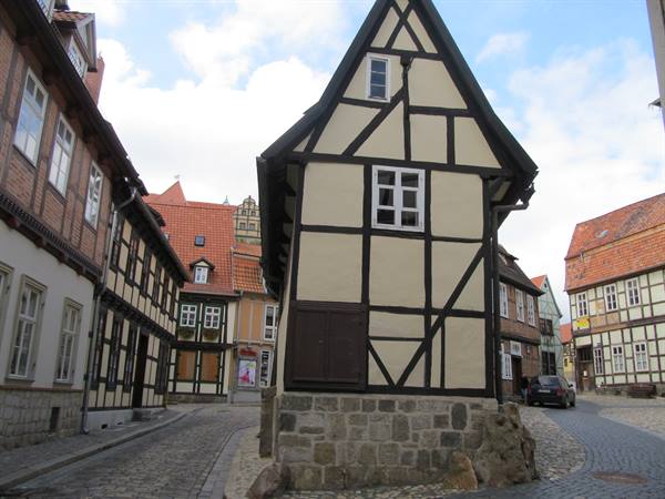 Half-timbered house on a cobblestone street in Quedlinburg old town