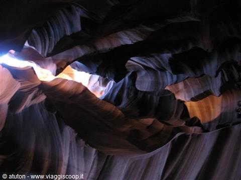Raking light on undulating sandstone walls carved by water, Antelope Canyon