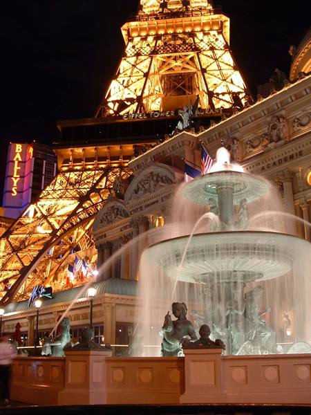 Illuminated fountain in front of the Eiffel Tower replica, Bally's Las Vegas